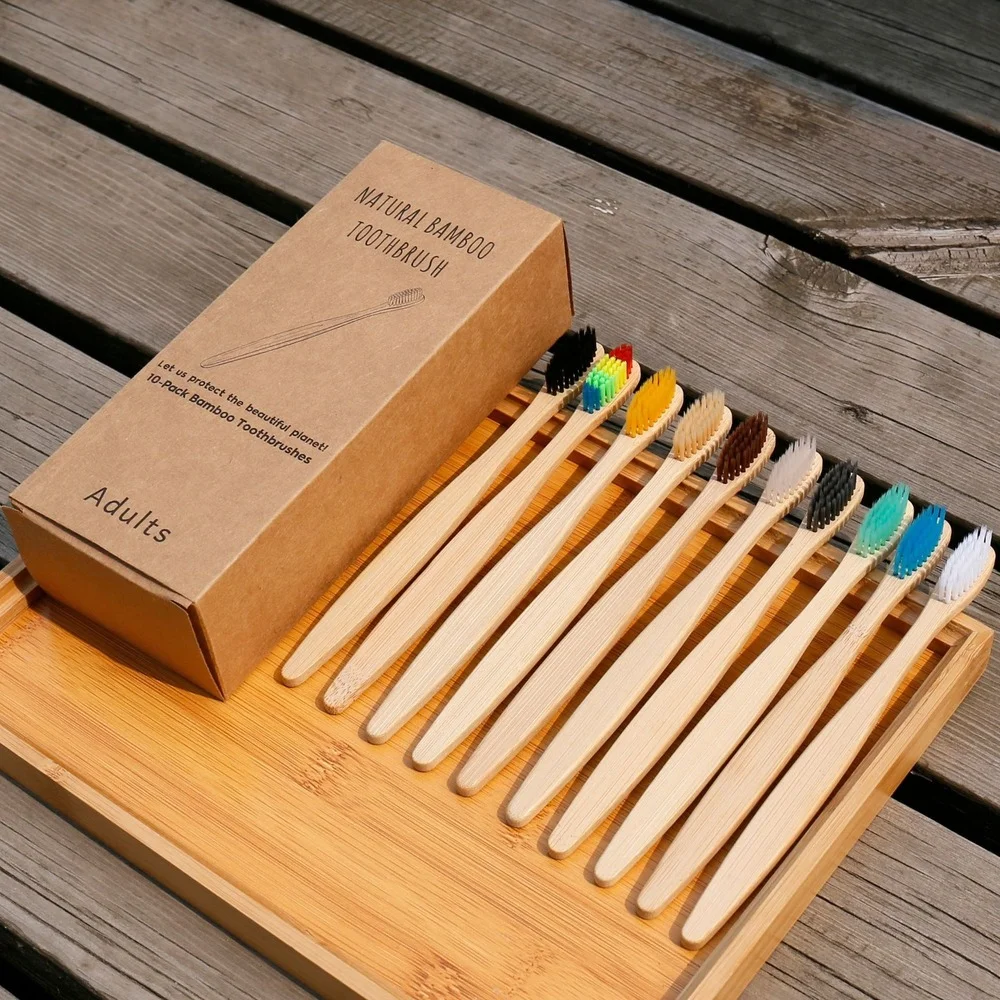 Bamboo Toothbrush Set - 10 adet renkli doğal bambu diş